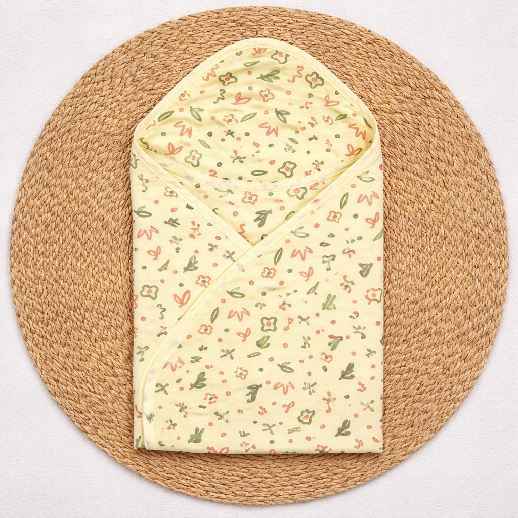 Muslin Double Layer Baby Hooded Towel | Soft Cotton -YELLOW FLORAL code:NBE